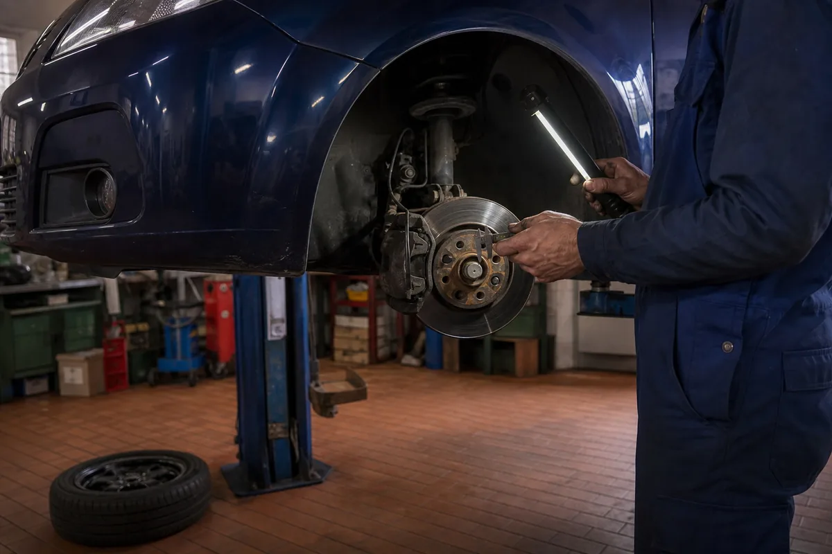 Mechaniker prüft Bremse und Fahrwerk bei abgenommenem Rad