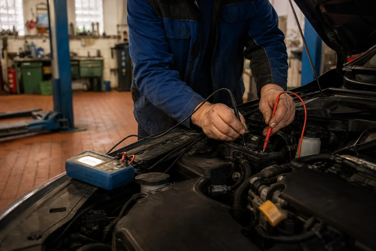 Mechaniker bei der elektrischen Fehlersuche am geöffneten Motorraum
